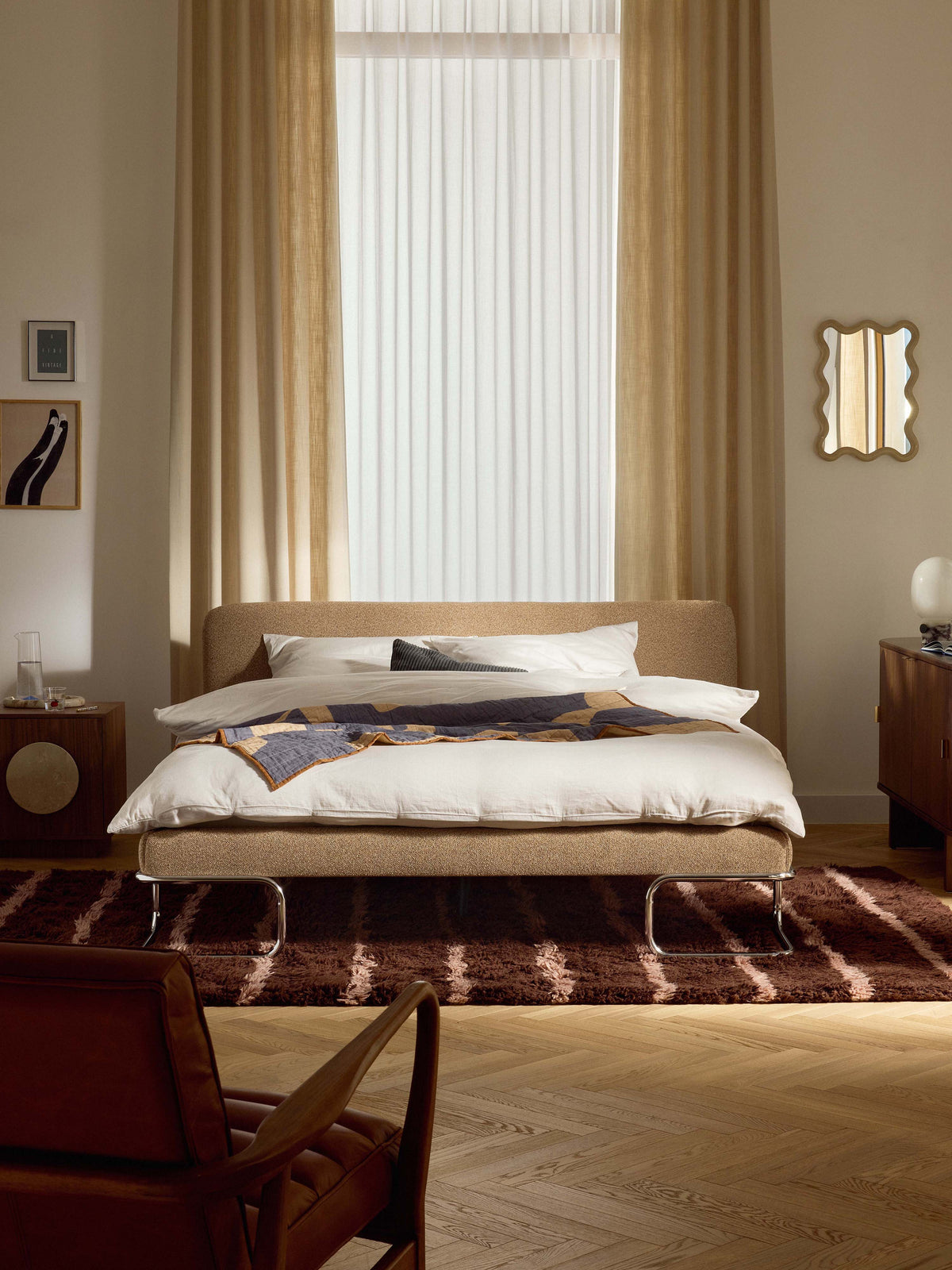 Olina Bouclé Upholstered Bed with Metal Legs