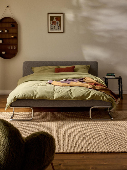 Olina Bouclé Upholstered Bed with Metal Legs