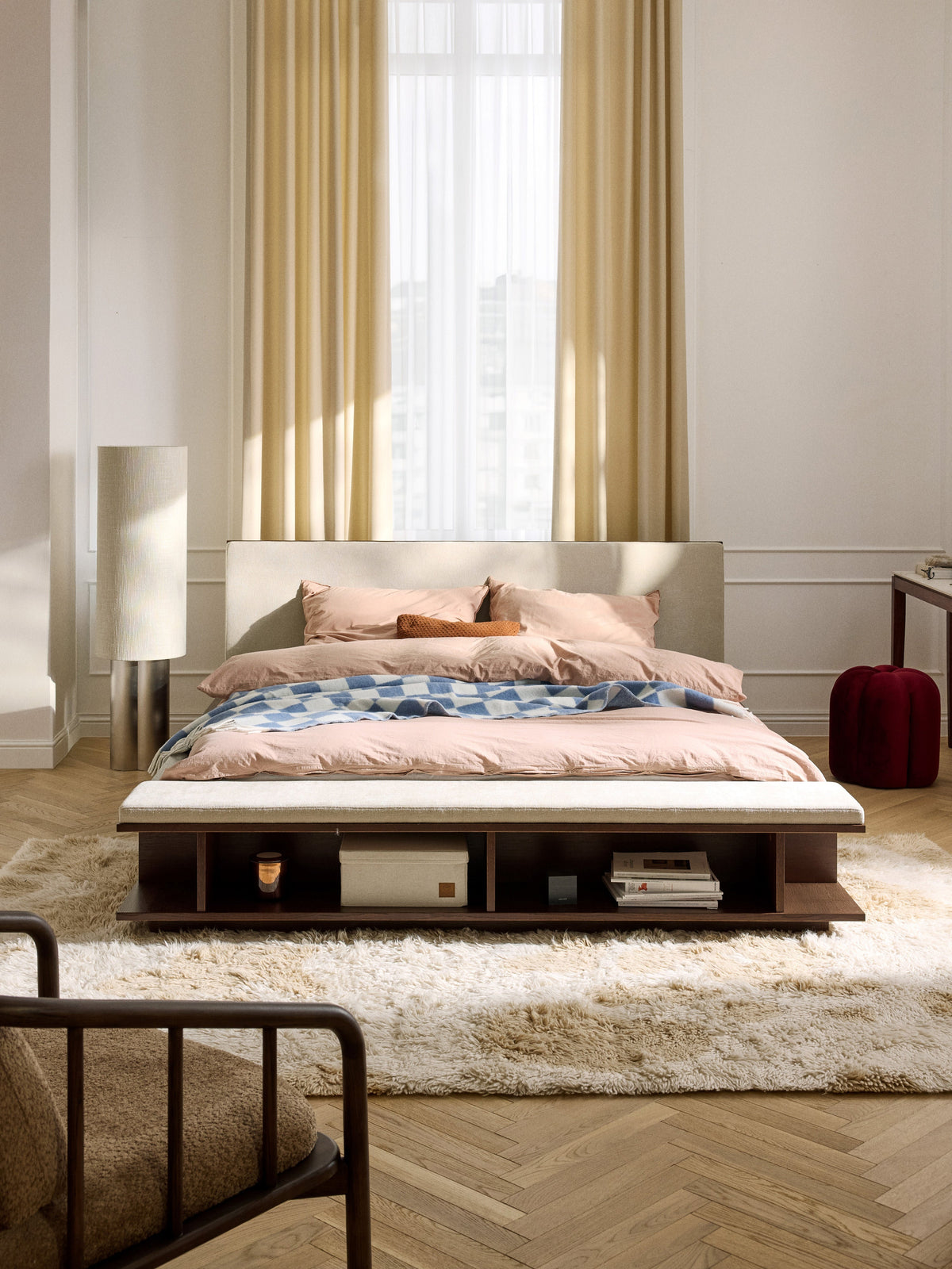 Clark Wooden Bed Frame with Bench and Side Shelves