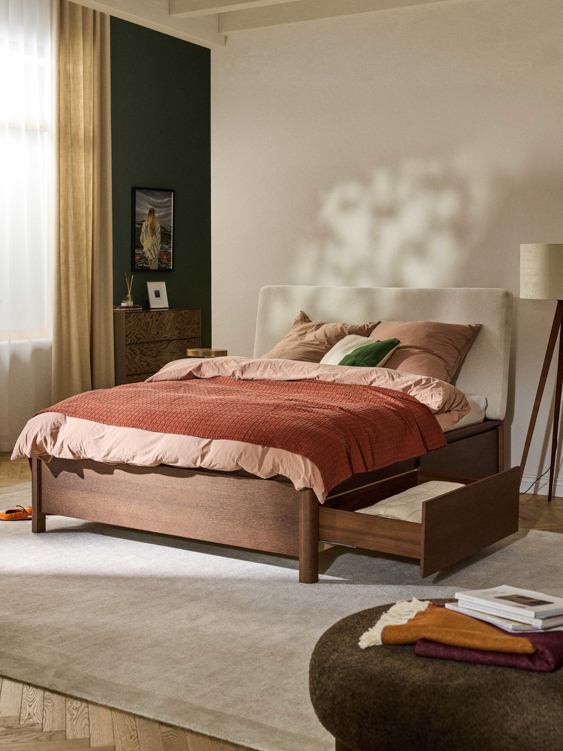 Santiago Wooden Bed with Upholstered Headboard and Drawers