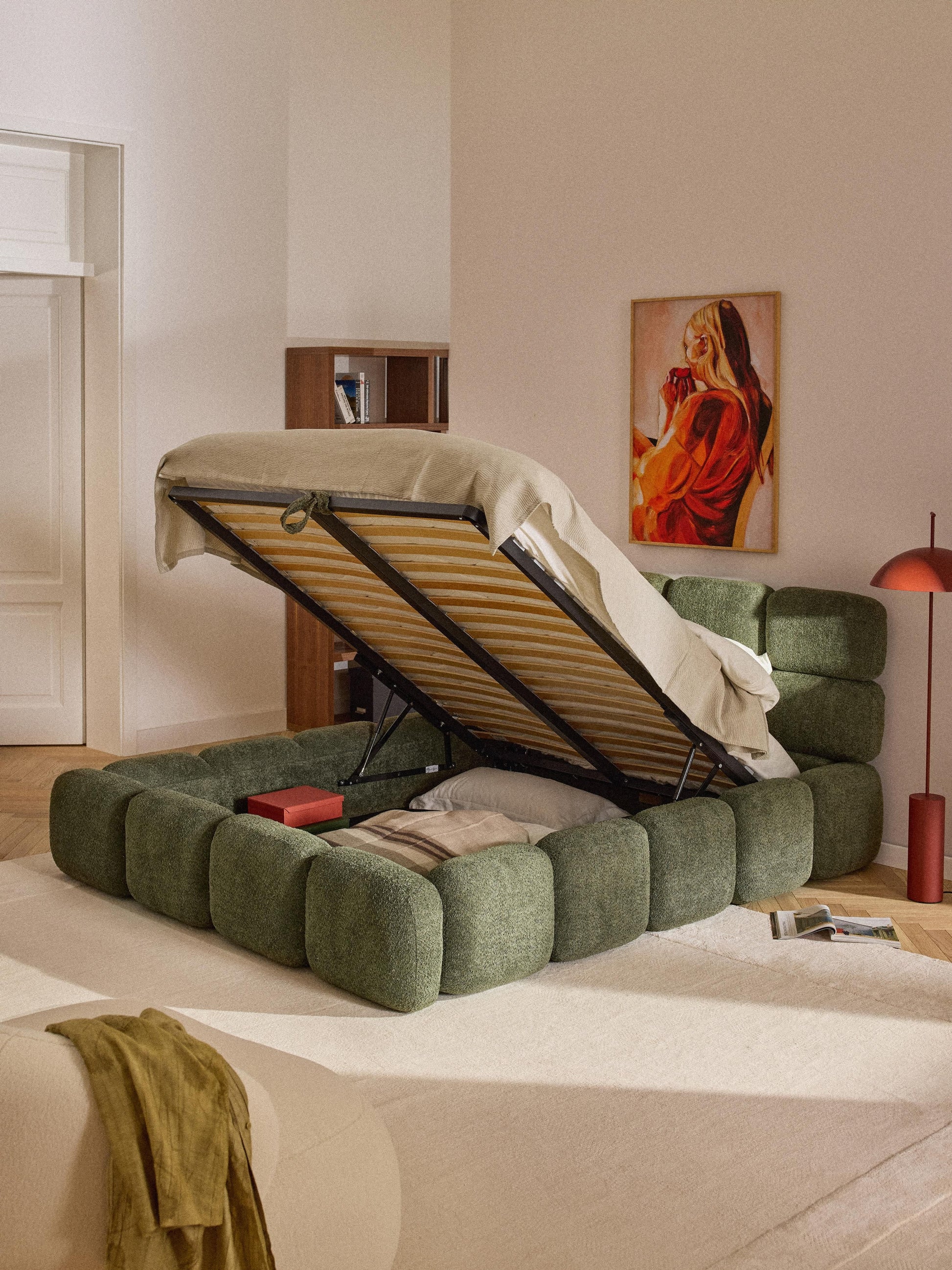 Tayla Upholstered Bed in Teddy Bouclé with Storage