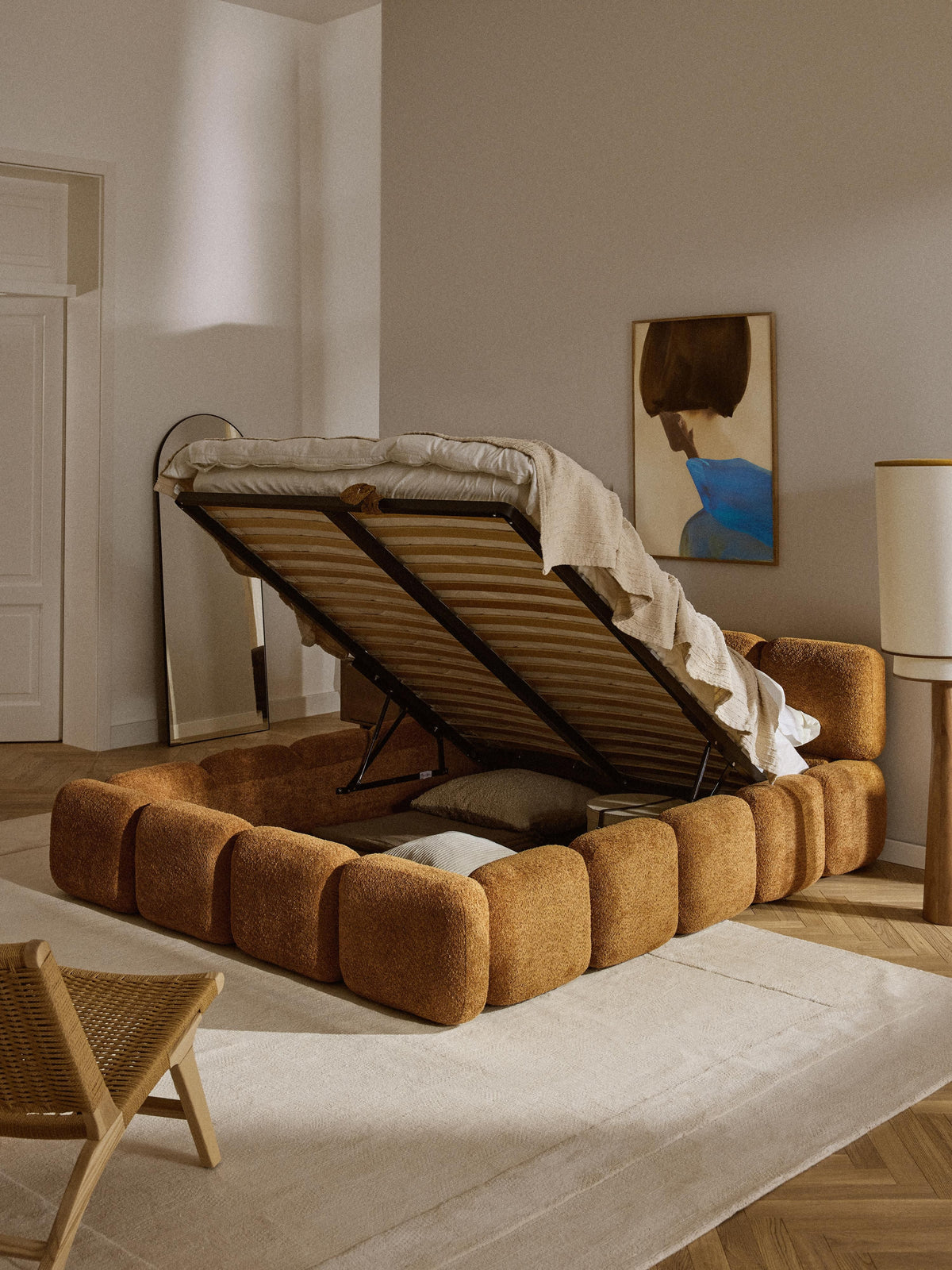 Tayla Upholstered Bed in Teddy Bouclé with Storage